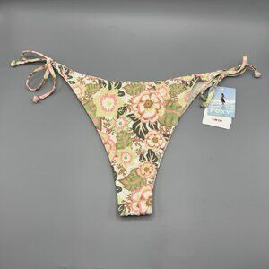 Roxy Canarias Tie Side High Leg Cheeky Bikini Bottom XL New Pink Green Cream